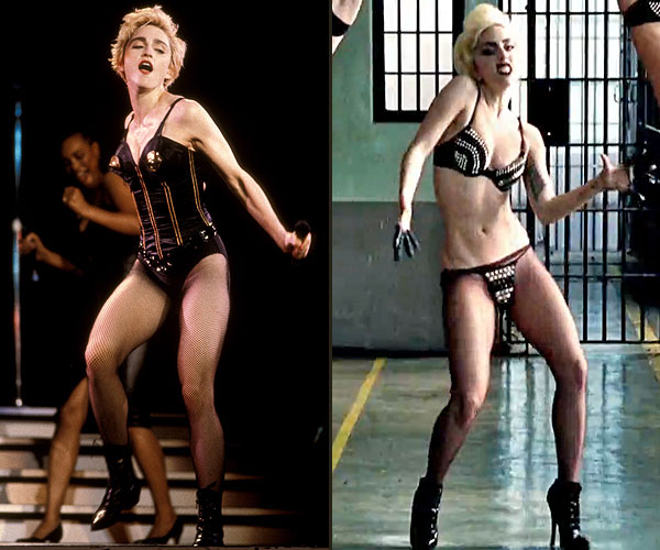 Madonna performing in 1987. Lady Gaga in her video for "Telephone," 2010. 